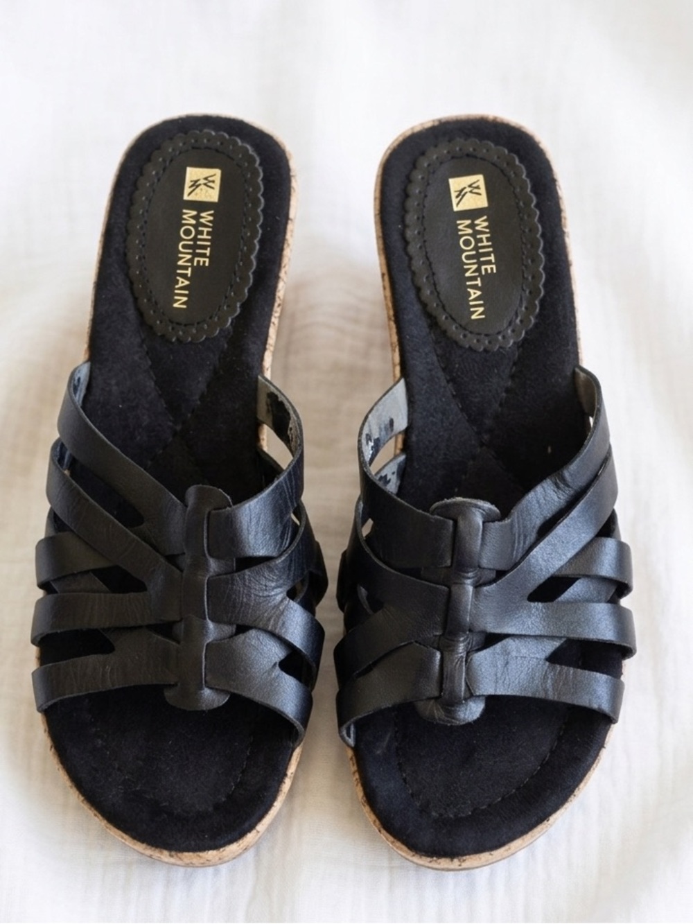 White Mountain *LEATHER* Black WoveCriss Cross Slide Cork PlatformMules Size 6.5